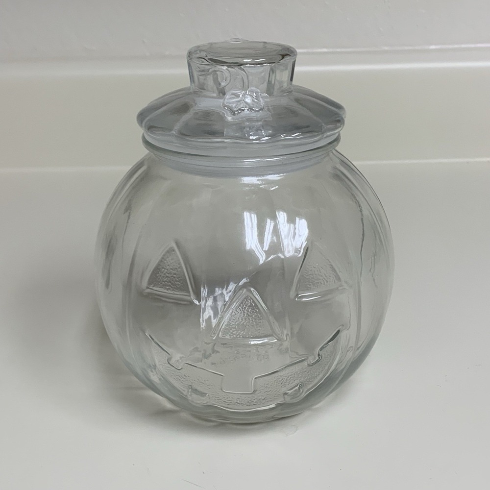 Vtg Clear Glass Jack O'Lantern Pumpkin Candy coffee Jar w/ Lid 6.5" Halloween